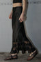 Satin Lace Trim Midi Skirt - Black