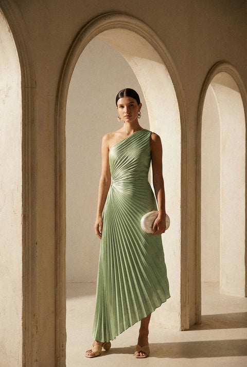 Satin One Shoulder Asymmetrical Pleated Dress