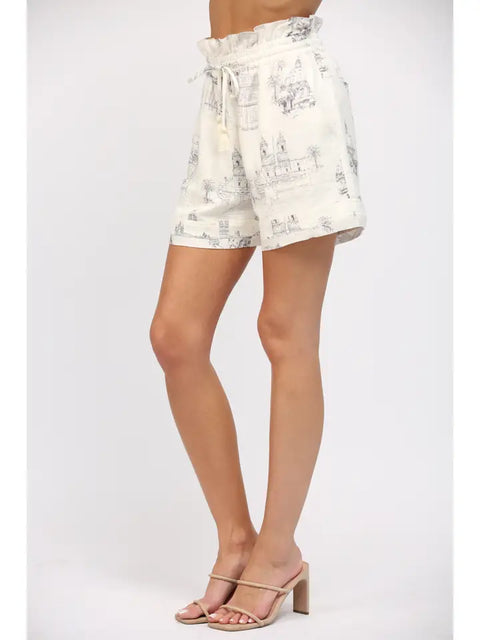 Scenic Print Linen Blend Drawstring Waist Shorts-Shorts-FATE-S-IVORY/NAVY-Urbanheer