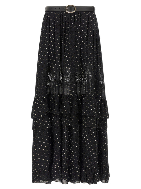 Self-Portrait Black And Gold Chiffon Lace Maxi Skirt