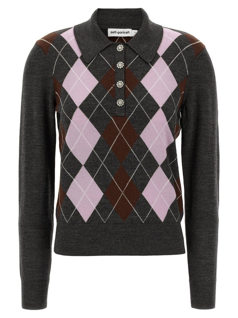 Self-Portrait Grey Argyle Lightweight Sweater