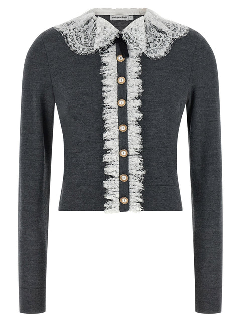 Self-Portrait Grey Lace Collar Knit Cardigan