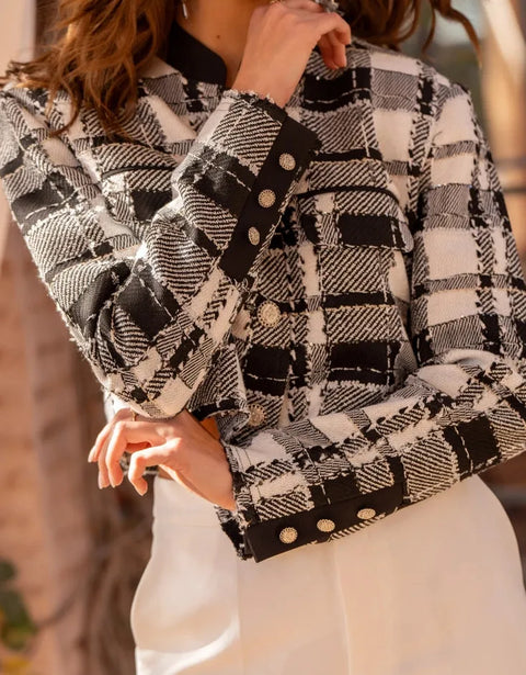 Short Black and White Checkered Tweed Jacket
