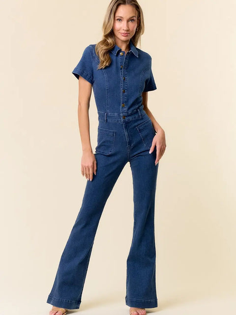 Short Sleeve Boot Leg Cut Denim Jumpsuit