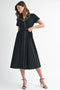 Short Sleeve Collared Midi Dress with Pearl Detail - Black