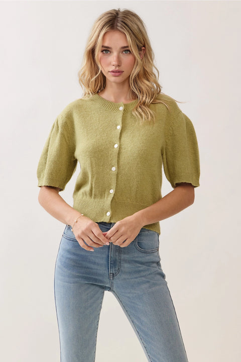Short Sleeve Puff Sleeve Knit Cardigan Top