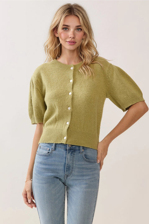Short Sleeve Puff Sleeve Knit Cardigan Top