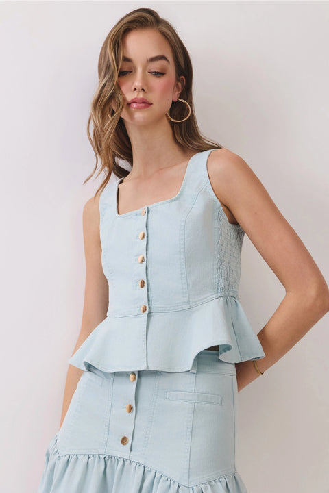 Side Smocked Peplum Button Front Top