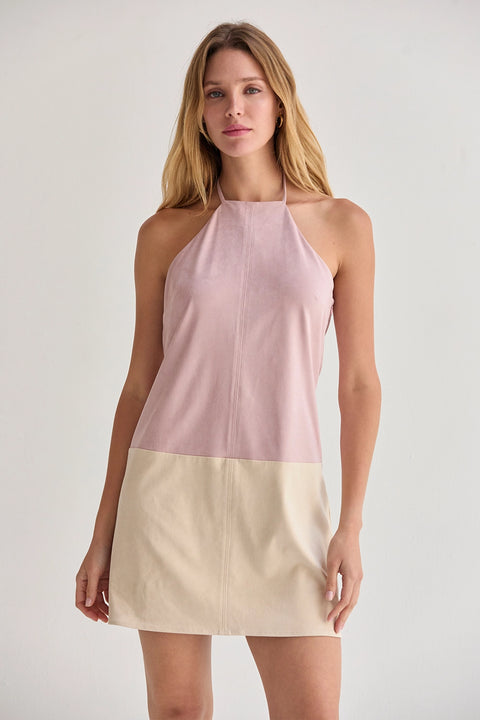 Sidney Suede Color Block Halter Mini Dress