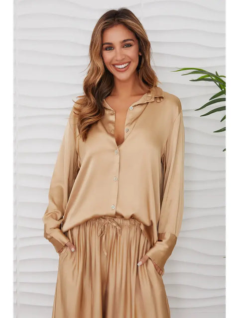 Silky Button Down Long Sleeve Top-Top-MILIO MILANO-XS-Champagne-Urbanheer