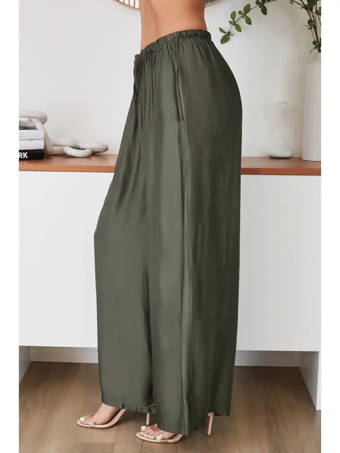 Silky Wide Leg Pants ARMY Green-Pants-MILIO MILANO-XS-ARMY Green-Urbanheer