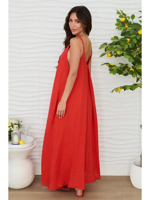 Sleeveless Maxi Loose Dress with Pockets Red-Dress-MILIO MILANO-XS-Red-Urbanheer