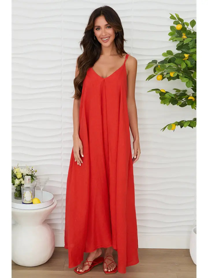 Sleeveless Maxi Loose Dress with Pockets Red from MILIO MILANO Sleeveless Maxi Loose Dress with Pockets Red from MILIO MILANO