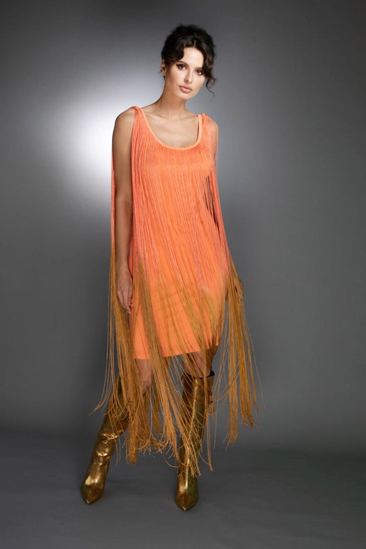 Sleeveless Salmon Gold Ombre Fringe Midi Dress from Nuvula exclusive Urbanheer Sleeveless Salmon Gold Ombre Fringe Midi Dress from Nuvula exclusive Urbanheer