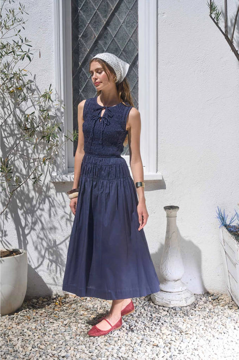 Sleeveless Smocked Shirred Waist Midi Dress | Navy