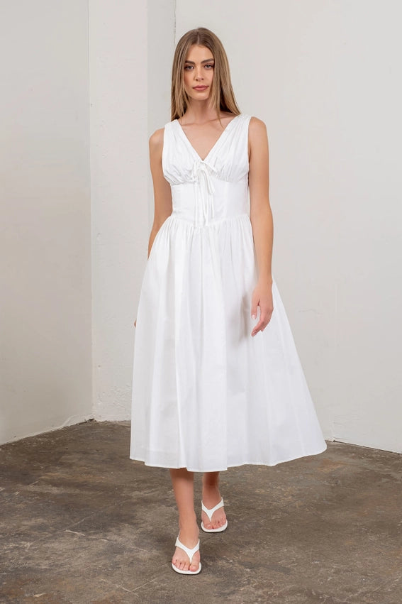 Sleeveless V Neck Corset Midi Dress from Moon River exclusive at Urbanheer Sleeveless V Neck Corset Midi Dress from Moon River exclusive at Urbanheer