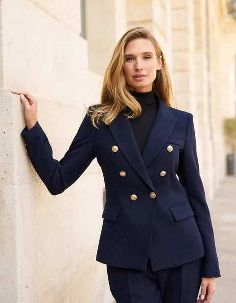 Slim Blazer Jacket With Gold Buttons Winter Material Navy Blue-Jacket-Attentif Paris-S-Urbanheer
