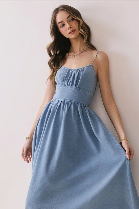 Smocked Back Denim Midi Dress