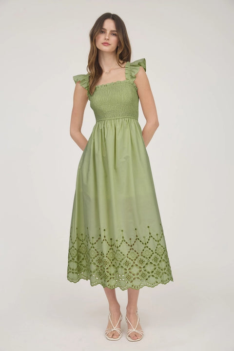 Smocked Ruffle Sleeve Eyelet Hem Midi Dress LIGHT KIWI-Dress-Blu Pepper-S-LIGHT KIWI-Urbanheer
