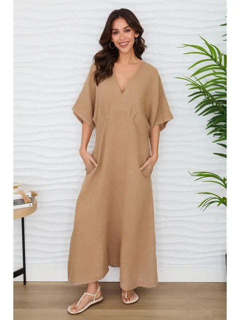 Solid Linen V-Neck Dolman Maxi Dress Camel-Dress-MILIO MILANO-XS-Camel-Urbanheer