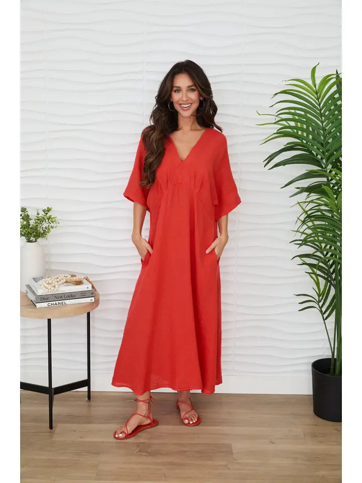 Solid Linen V-Neck Dolman Maxi Dress Red Flame from MILIO MILANO S / Red Flame Solid Linen V-Neck Dolman Maxi Dress Red Flame from MILIO MILANO S / Red Flame