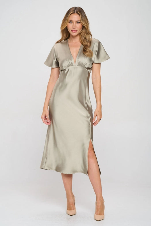 Solid Satin V Neck Midi Dress with Slit from Renee C. exclusive at Urbanheer Solid Satin V Neck Midi Dress with Slit from Renee C. exclusive at Urbanheer