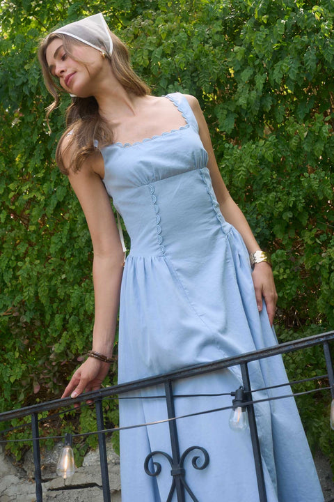 Square Neck Lace Trim Corset Detail Midi Dress - Blue