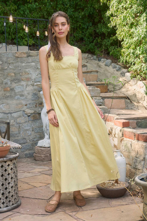 Square Neck Lace Trim Corset Detail Midi Dress - Yellow