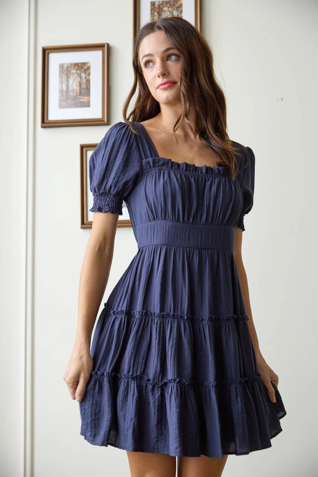 Square Neck Smocked Detail Tiered Mini Dress NAVY from Blu Pepper –  Urbanheer