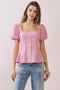 Square Neckline Short Puff Sleeves Fitted Top Red