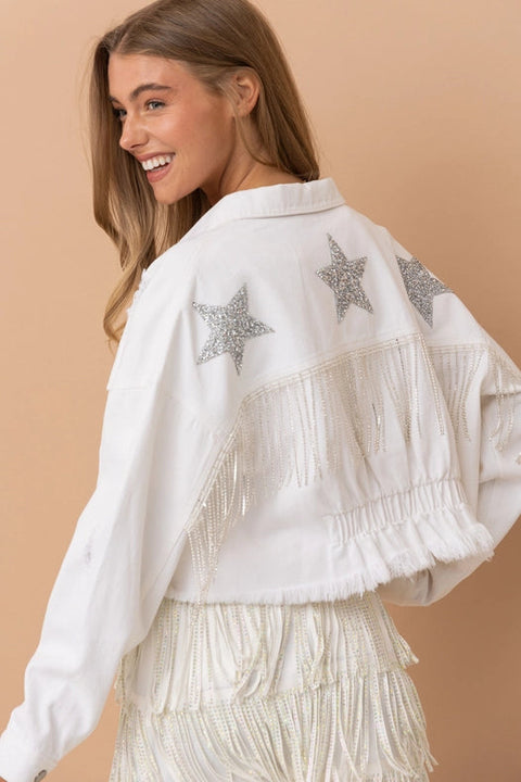 Star Rhinestone Fringe Back Elastic Denim Jacket White-Jacket-Blue B-S-WHITE-Urbanheer
