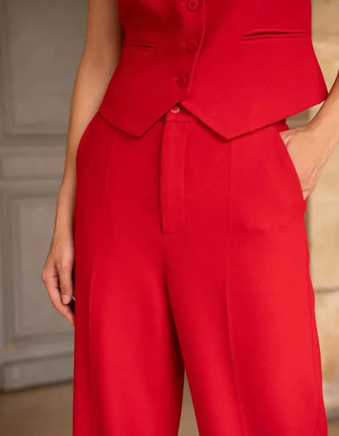 Straight Cut Pants in Winter Material Red-Pants-Attentif Paris-S-Urbanheer