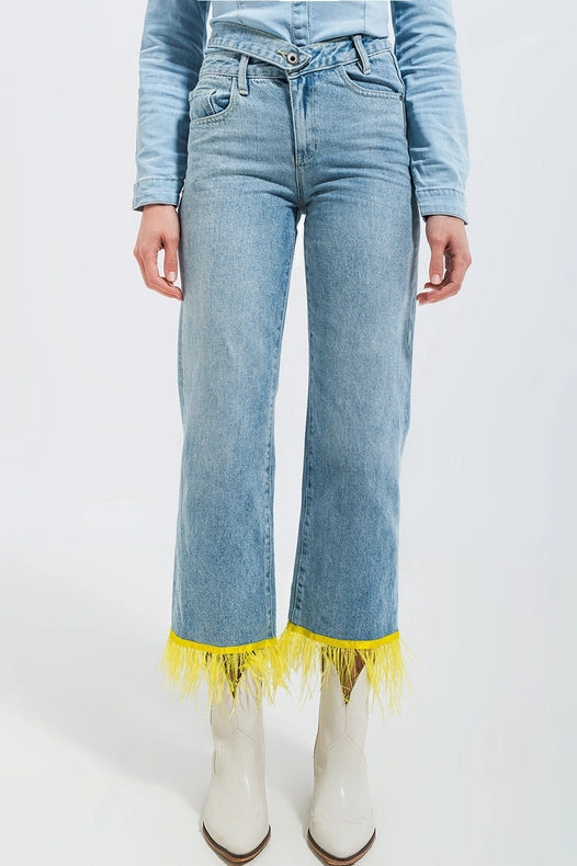 Straight Leg Jeans With Yellow Faux Feather Hem