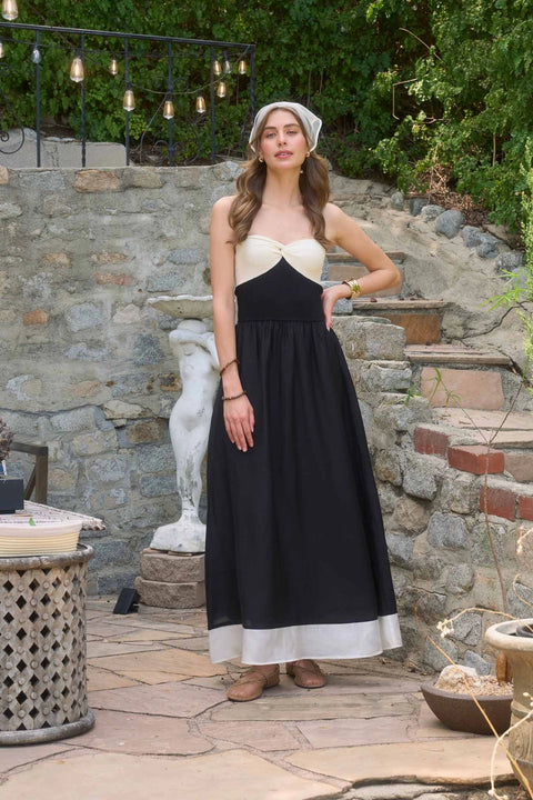 Strapless Front Twist Mix Media Midi Dress