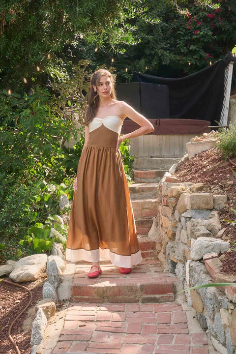 Strapless Front Twist Mix Media Midi Dress