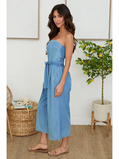 Strapless Smock Back Romper with Tie Belt-Romper-MILIO MILANO-XS-Denim Blue-Urbanheer