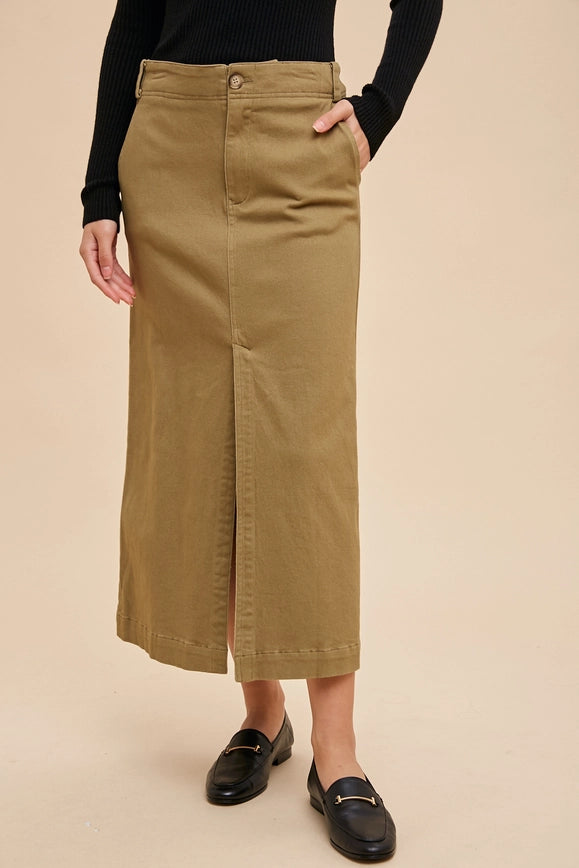 Silk Twill Belted Skirt - Dark Olive