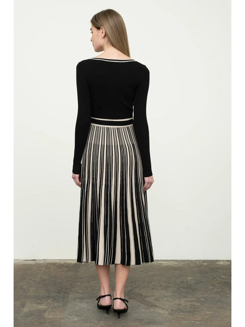 Stripe Long Sleeve Waist Tie Midi Sweater Dress