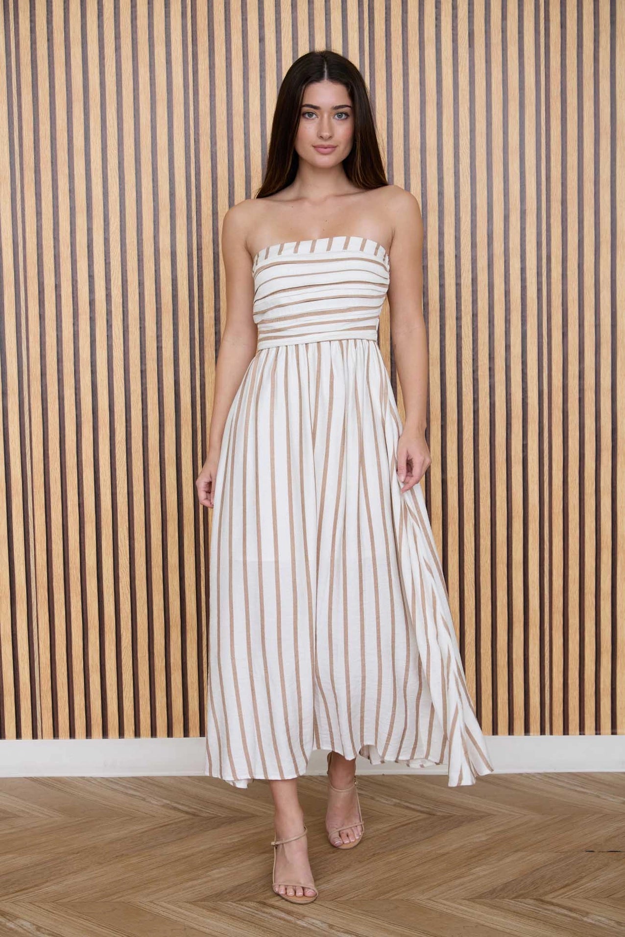 Stripe Pleated Strapless Linen Midi Dress from Moon River exclusive at Stripe Pleated Strapless Linen Midi Dress from Moon River exclusive at
