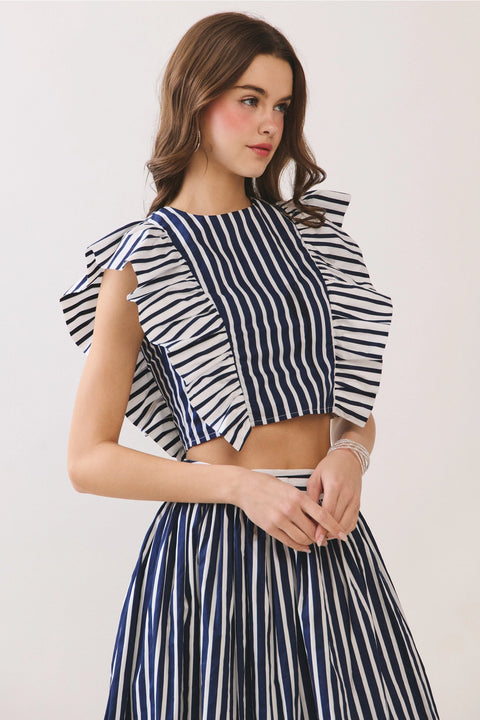 Striped Bold Flutter Ruffle Sleeves Cropped Top