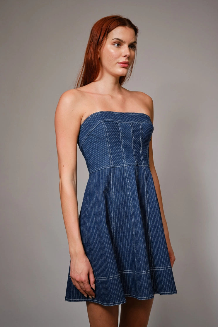 Striped Denim Tube Fit and Flare Mini Dress from Blue B exclusive at Striped Denim Tube Fit and Flare Mini Dress from Blue B exclusive at