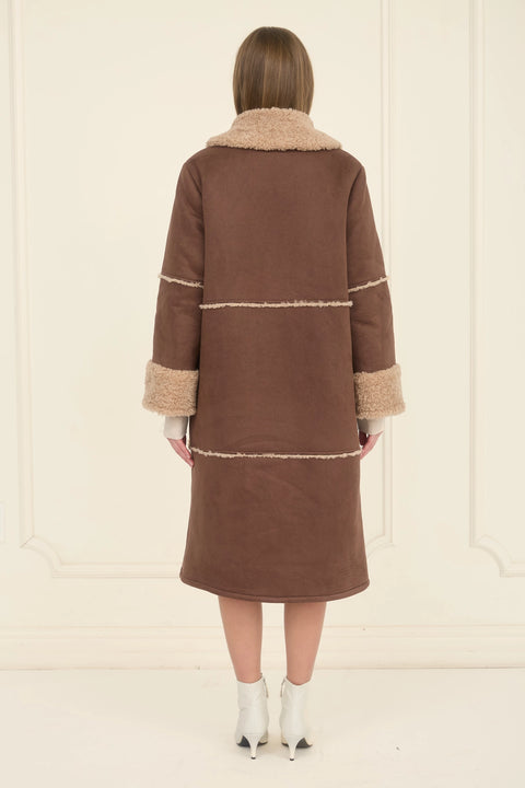 Suede Faux Fur Lined Long Coat