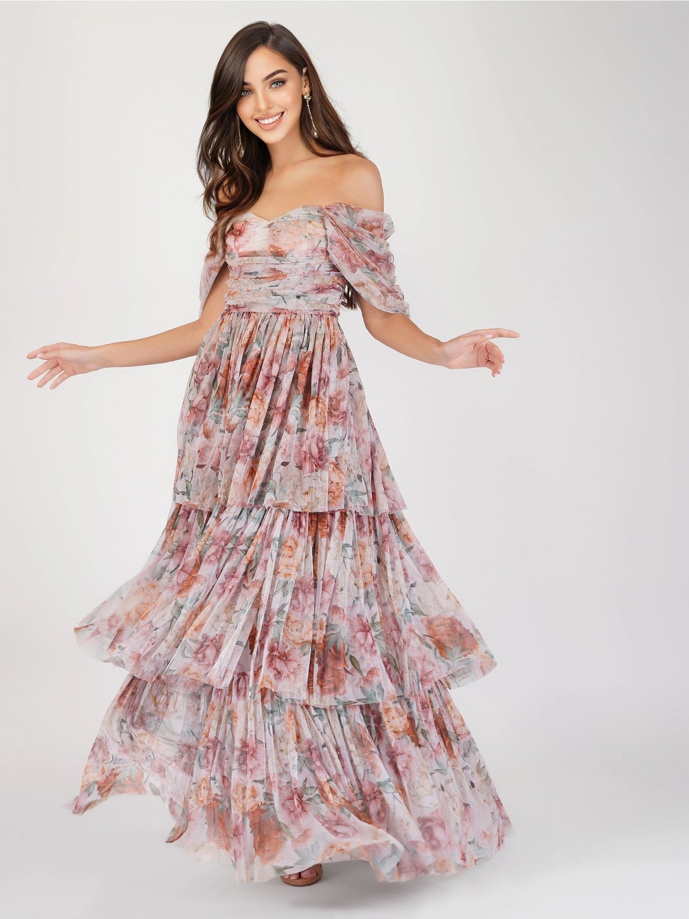 Sydney Off Shoulder Tulle Maxi Dress in Brown Floral from Lace & Beads Urbanheer Sydney Off Shoulder Tulle Maxi Dress in Brown Floral from Lace & Beads Urbanheer