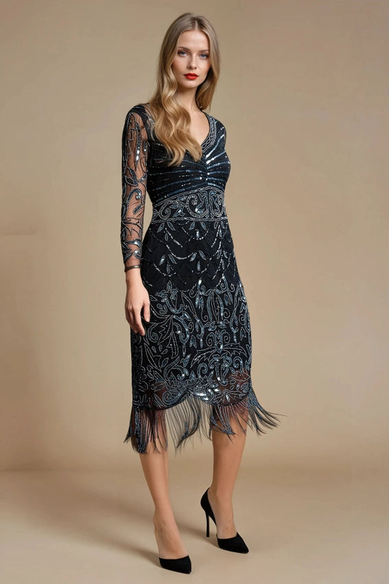 knee length dresses for ladies Tabitha - Black Midi Embellished Long Sleeve Flapper Dress
