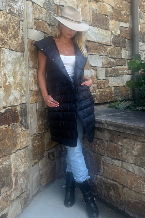 The Camden | Long Hooded Down Vest | Midnight Black