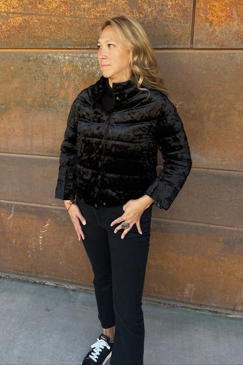 The Soho | Velour Down 3/4 Sleeve Jacket | Midnight Black