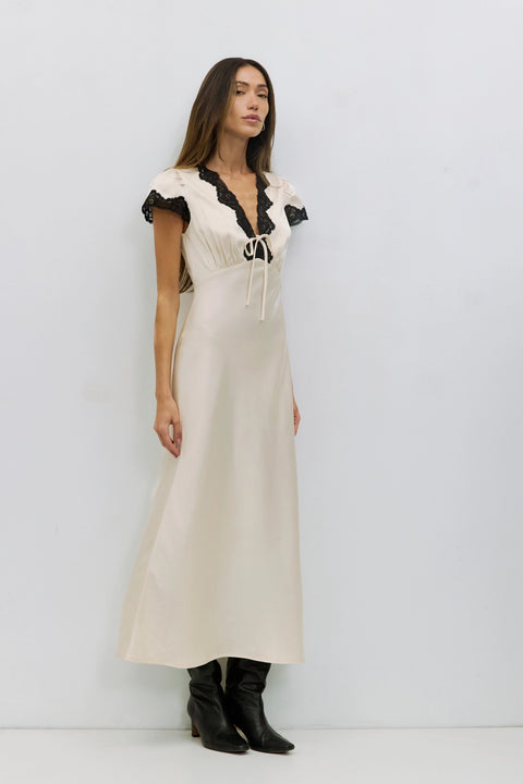 The Vivienne Dress | Lace Trim Satin Midi Dress