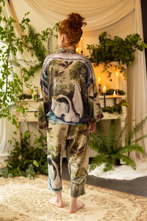 Theatre of Dreams Boho Linen Cropped Artist Pants with Swan-Pants-Market of Stars-length 86cm/34" waist (stretched) 104cm/41" around waist (unstretched) 84cm/32" hips 117cm/46".-Urbanheer