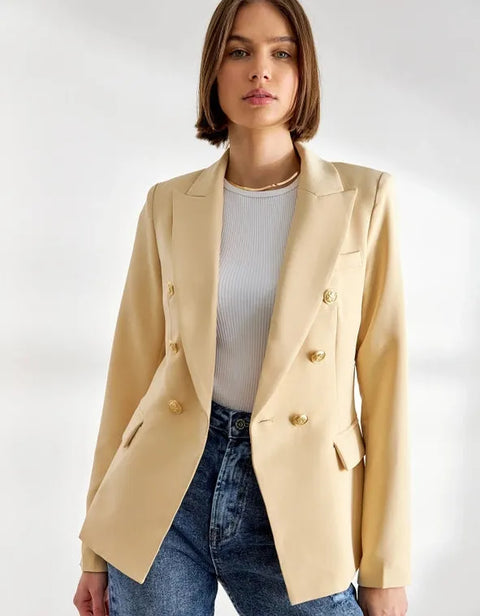 Timeless Fitted Double-Breasted Suit Jacket with Gold Buttons Beige-Jacket-Attentif Paris-S-Beige-Urbanheer
