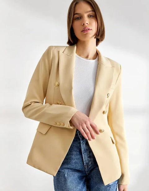 Timeless Fitted Double-Breasted Suit Jacket with Gold Buttons Beige-Jacket-Attentif Paris-S-Beige-Urbanheer